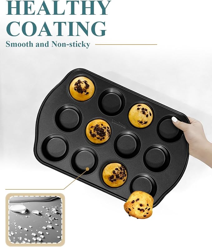 Nonstick Muffin Pan with 12 Silicone Baking Cups, Carbon Steel Muffin Tin for Muffins, Cupcakes, Egg Bites and more, Non Toxic, Easy to Clean, Dishwasher Safe, Foggy Gray