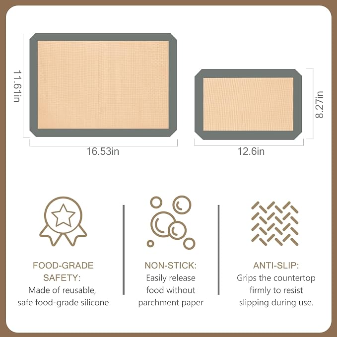 Silicone Baking Mat Set of 3, Non-Stick 2 Half & 1 Quarter Sheets | Dishwasher Safe, Reusable Baking Supplies for Cookies, Bread, Pastries & Dough, Gray