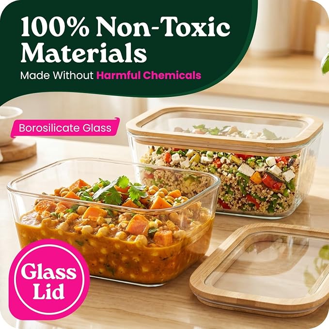 Large Glass Food Storage Containers with Glass Lids & Bamboo Rim – 87 Oz 2 Pack Plastic Free Glass Meal Prep Containers for Lunch, Eco Friendly Airtight Food Storage, Microwave & Oven Safe