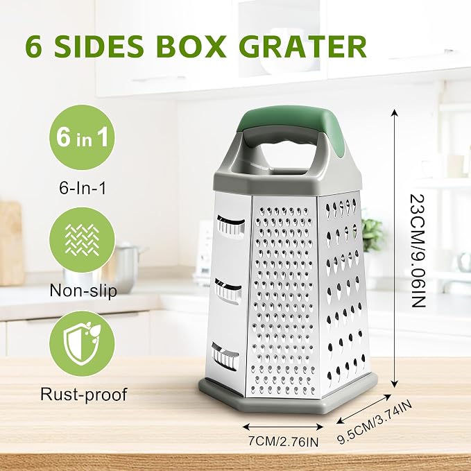 Box grater for kitchen 6 Sided - Cheese Graters Handheld, Stainless Steel Shredder for Food Vegetable Carrot Potato Tomato (Green)