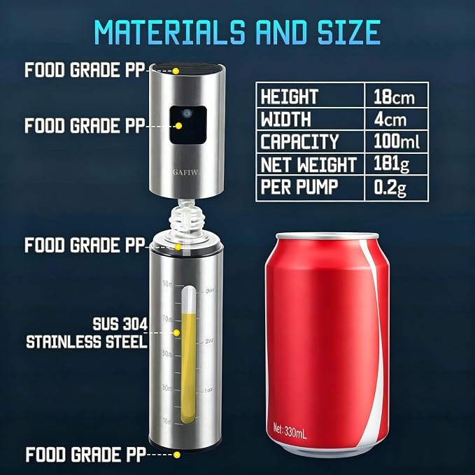 Advanced Olive Oil Sprayer for Cooking, Kitchen Avocado Oil Spray Bottles, Oil Mister Dispenser, 304 Stainless Steel Shell & Food-safe PP Plastic inner Bottle, 100ml, Leak-Proof and Portable.