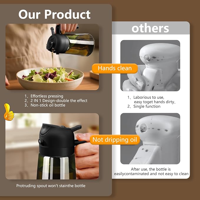 SWEET VIEW 2Pcs Olive Oil Spray Bottle 16oz/470ml | Glass Light-Proof Oil Pourer/Dispenser for Kitchen Air Fryer, Cooking, Salad, and BBQ, with Stickers