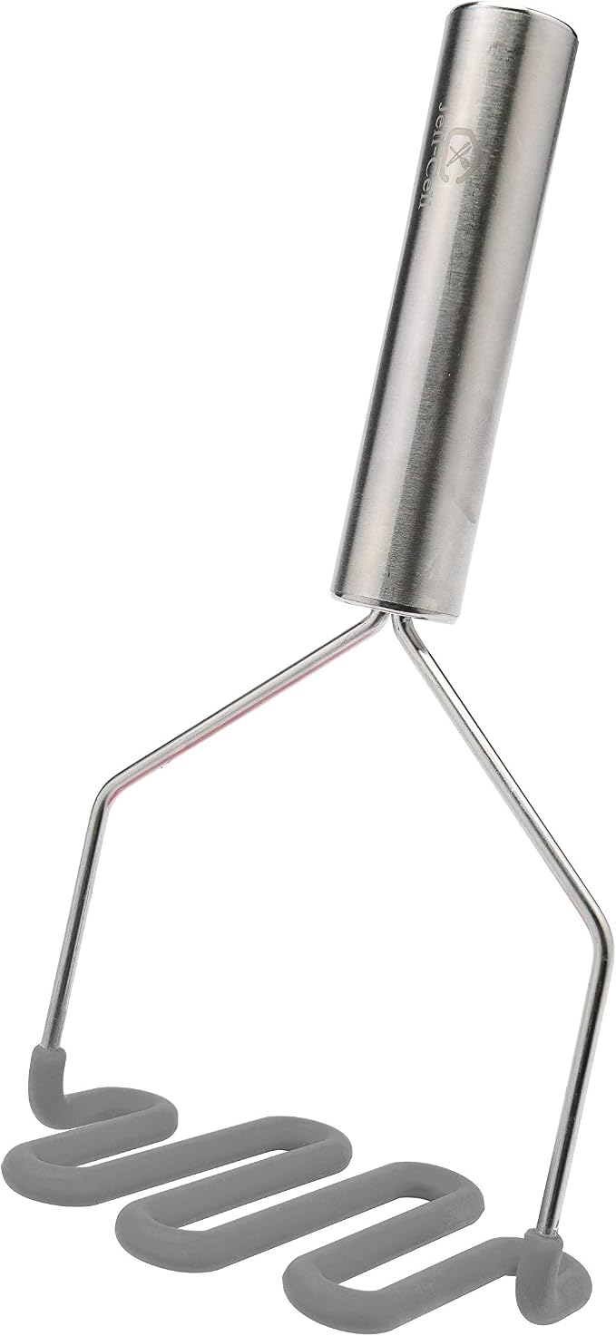 Jell-Cell Potato Masher - Silicone Protect Body with Premuim Stainless Steel Non Scratch Cookware for Smooth Mashed Potato Vegetables and Fruits Color Grey