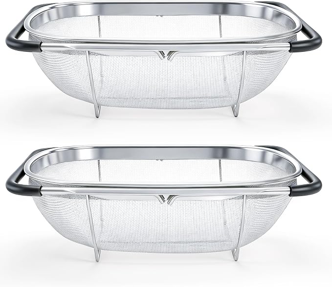 2 Pack Over the Sink Oval Colander for Kitchen, Stainless Steel Fine Mesh 6 Quart Strainer Basket with Expandable Rubber Grip Handles for Straining, Draining, Rinsing Fruits, Vegetables