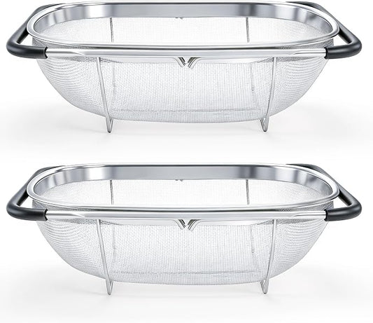 2 Pack Over the Sink Oval Colander for Kitchen, Stainless Steel Fine Mesh 6 Quart Strainer Basket with Expandable Rubber Grip Handles for Straining, Draining, Rinsing Fruits, Vegetables
