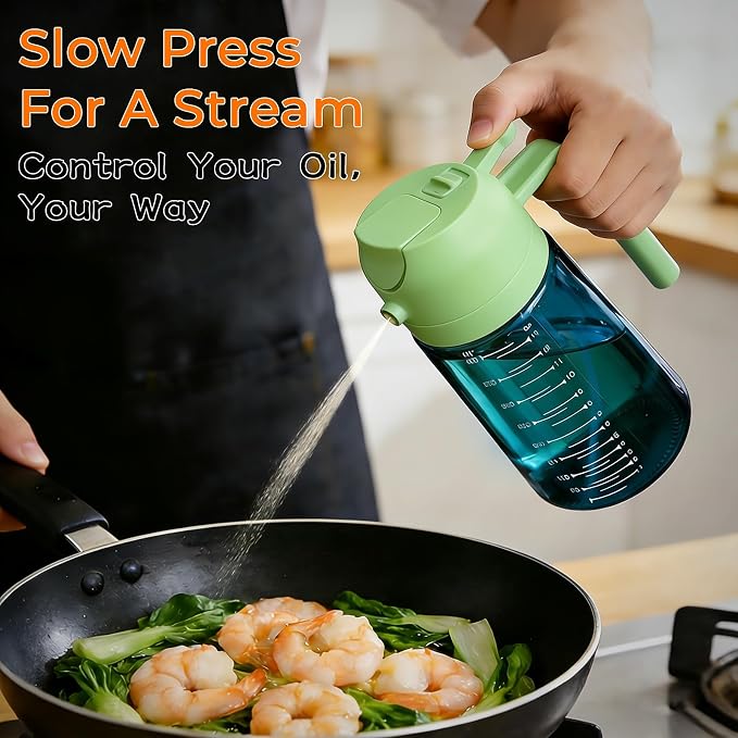 Glass Olive Oil Sprayer for Cooking (16oz/470ml), 2 in 1 Olive Oil Dispenser Bottle for Kitchen Gadgets and Air Fryer Accessories, Salad, BBQ - 1-Pack, Blue Green