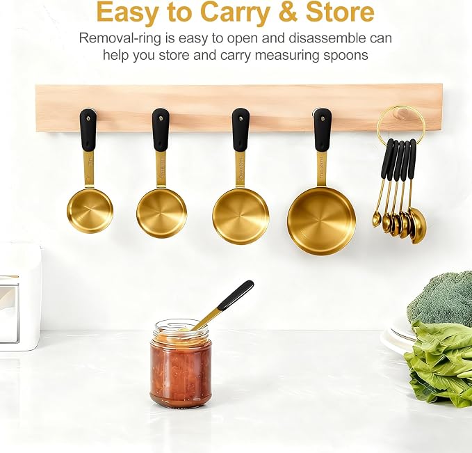 Bopei Measuring Cups and Spoons Set, Gold Electroplated Stainless Steel 10 Piece for Cooking and Baking (5 Cups + 5 Spoons Gold)