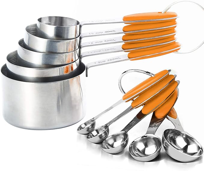 SEEK42 Measuring Spoons and Cups Set of 10 Pieces, Stainless Steel Measuring Utensils with BPA-Free Silicone Grips,Metal Scale Tools for Kitchen Cooking Baking, Dishwasher-Safe (Orange)
