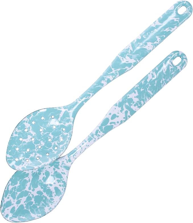 Golden Rabbit Enamelware 2-piece Spoon Set, Slotted and Regular, Sea Glass
