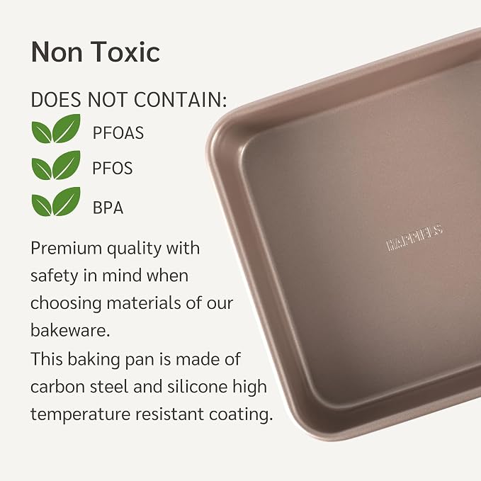 9 x 13 inch Cake Baking Pan Nonstick, PFOA & BPA Free | | Non-Toxic - High Carbon Steel - Gold - Rectangle Pan for Oven Baking