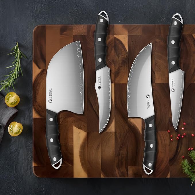 FINTISO Hand Forged Viking Knife Set, 4 PCS Kitchen Knives with Butcher Knife, Serbian Chef Knife & 2 Boning Knives, 5-Layer High Carbon Steel, Full Tang G10 Handle for Kitchen, BBQ & Camping