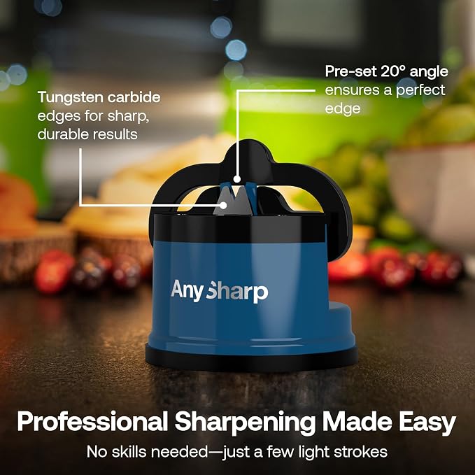 AnySharp – Global – Hands Free Knife Sharpener - Easy to Use Sharpening Tool with PowerGrip Suction Base and 20-Degree Pre-Set Angle - for All Knives: Chef's, Serrated, and Hardened Steel - Blue