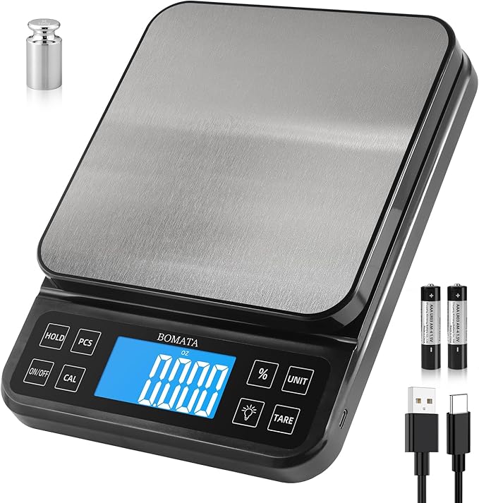 BOMATA Large Kitchen Scale 0.1g/0.001oz High Precision, 11lb Bakery Scale | % Percentage Function, USB Rechargeable, Full-View Angle LCD with Backlight, Stainless Steel Pan