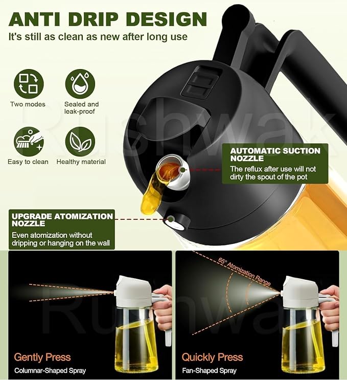 2 in 1 Oil Sprayer & Dispenser 500ml Glass Bottle for Cooking, Air Fryer, Salad, BBQ, Roasting