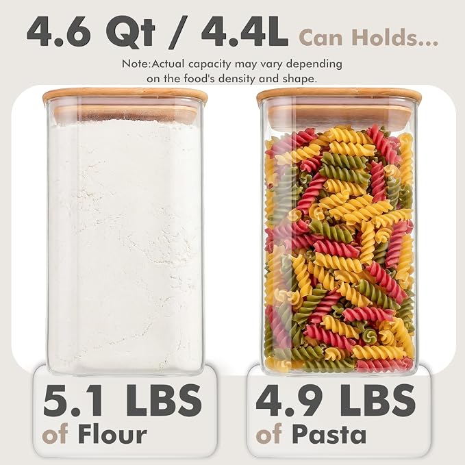 2-Pack 4.6Qt Large Glass Flour Sugar Storage Containers with Lids | Wide Mouth Design, With Measuring Cups, Minimalist Kitchen Organizer,Scandinavian Style Storage,Nordic Style Storage