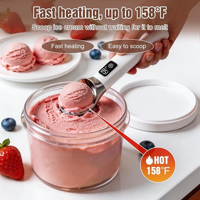 Heated Ice Cream Scoop Heat Up to 158°F, 5000mAh Battery | Rechargeable Electric Ice Cream Scooper with Digital LED Display, for Scooping Hard Ice Cream, Frozen Yogurt