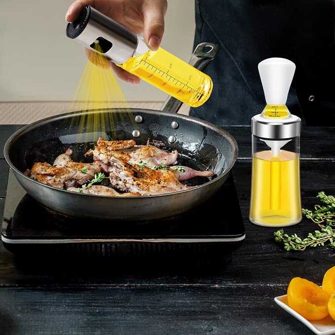 Olive Oil Sprayer and Dispenser with Silicone Brush for Cooking, Spray Bottle Set, Glass Dispenser, Mister, Salad, BBQ, Kitchen Baking, Roasting, Air Fryer, 2 Pack, (KP02)