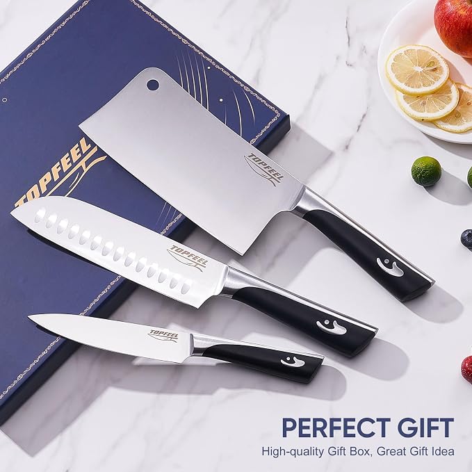 Topfeel Butcher Knife Meat Cleaver Set 3Pcs-7" Heavy Duty Bone Chopper& 7" Santoku Knife& 5" Utility Knife, German Stainless Steel Chef Knives Set for Kitchen Home Gift