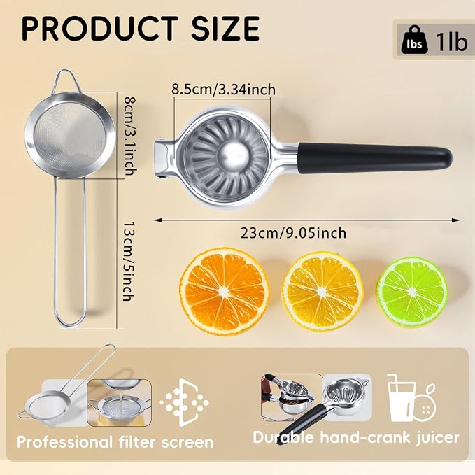 304 Stainless Steel Lemon Squeezer, Manual Lime Squeezer with 13 Filter Holes & Fine Strainer – Heavy Duty Citrus Juicer with Non-Slip Handles, Dishwasher Safe