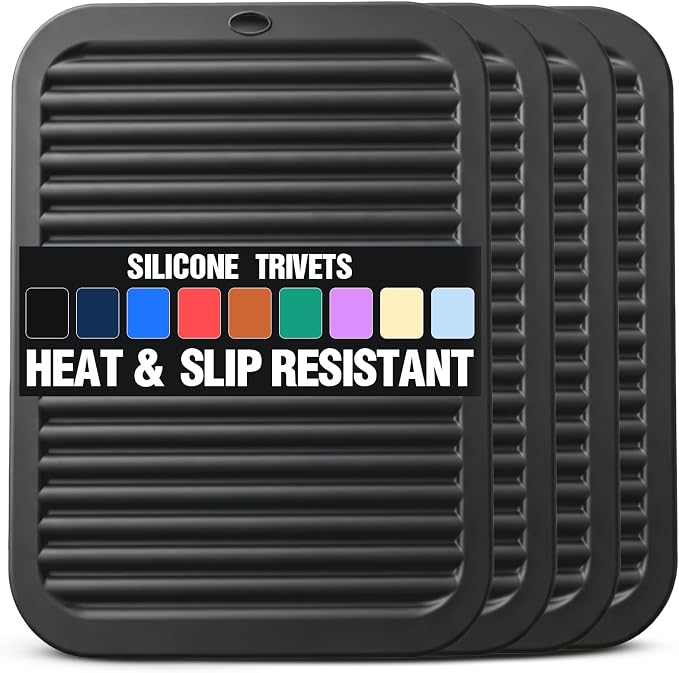 Silicone Trivets for Hot Pots and Pans - 4 Heat Resistant Pot Holders Silicone Trivet Mat Multipurpose Counter Pads (Dark Black)