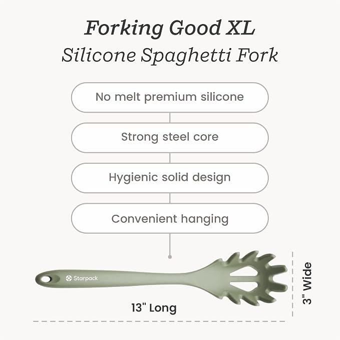 Starpack XL Premium Silicone Pasta Fork (13.5") - Spaghetti Spoon High Heat Resistant to 600°F - Silicone Pasta Spoon Strainer - Pasta Server Spoon with Teeth - Pasta Server Utensil