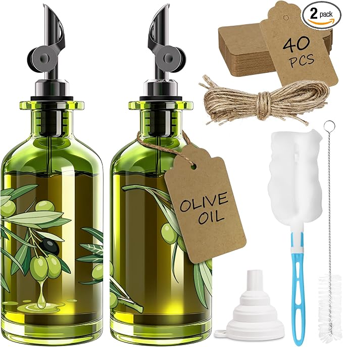 Olive Oil Dispenser Bottle for Kitchen, 12oz/350ml Extra Thick Glass Oil and Vinegar Cruet with Stainless Steel Pourer, Funnel & Cleaning Brush, Premium Oil Dispenser Set (Olive)