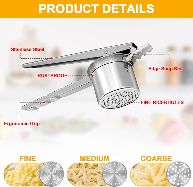 Potato Ricer 15oz, Heavy Duty Stainless Steel Potato Masher and Ricer for Mashed Potatoes,with 3 Interchangeable Discs, Potato Press Kitchen Tool for Mashed
