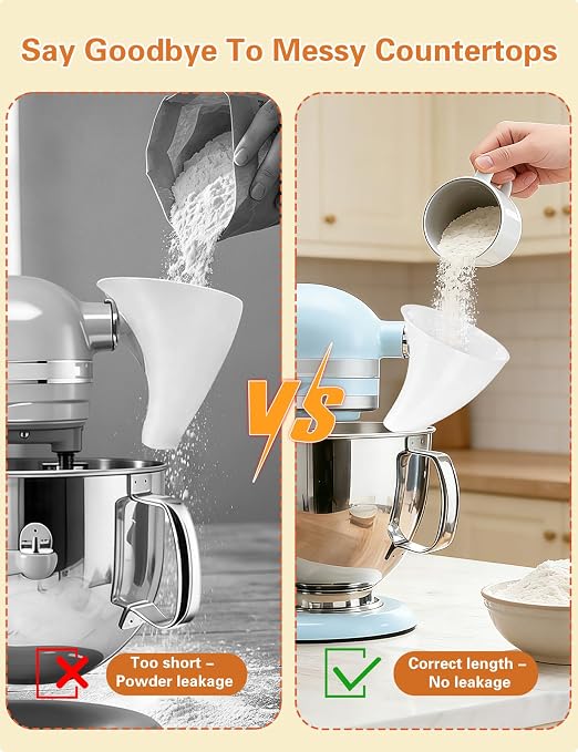 Flour Funnel for KitchenAid Mixer 5 Qt, Anti-Splash Kitchen Aid Accessories and Attachments for Tilt-Head Stand Mixer 4.5 & 5 Quart, Dishwasher Safe No-Mess Baking Tool
