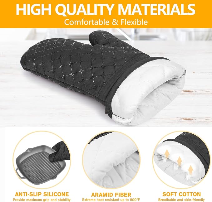 6 Pcs Oven Mitts and Pot Holders, 500℉ Heat Resistant Oven Mitts with Kitchen Towels Soft Cotton Lining and Non-Slip Silicone Surface Safe for Baking, Cooking, BBQ (Black)