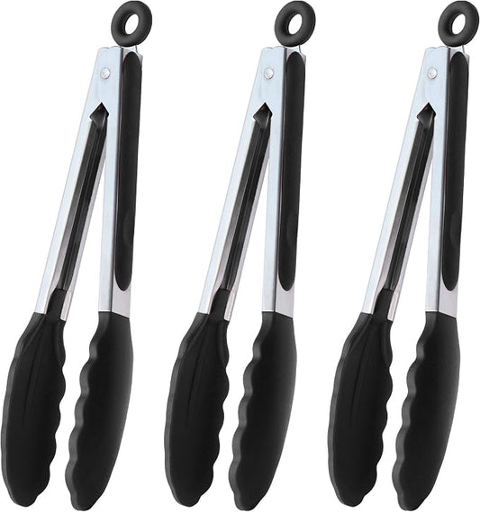 HINMAY Serving Tongs 9" Cooking Tongs with Silicone Tips, Set of 3 (Black)