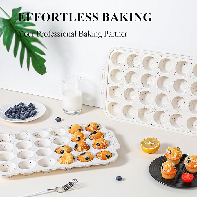 Vinino Silicone Mini Muffin Pan for Baking with Reinforced Frame, BPA Free | 24 Cup Mini Cupcake Pan with Non-Slip Handle, Nonstick Food Grade Silicone Muffin Tray for Oven, Dishwasher Safe, Cream