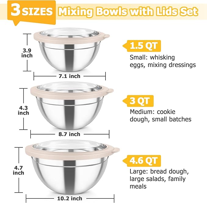 TeamFar Mixing Bowls with Lids, 4.5/3/1.5 QT Stainless Steel Nesting Salad Bowls with Airtight Lids, For Serving/Mixing/Storing/Prepping, Healthy & Sturdy, Visible & Easy Clean, Khaki, Set of 3