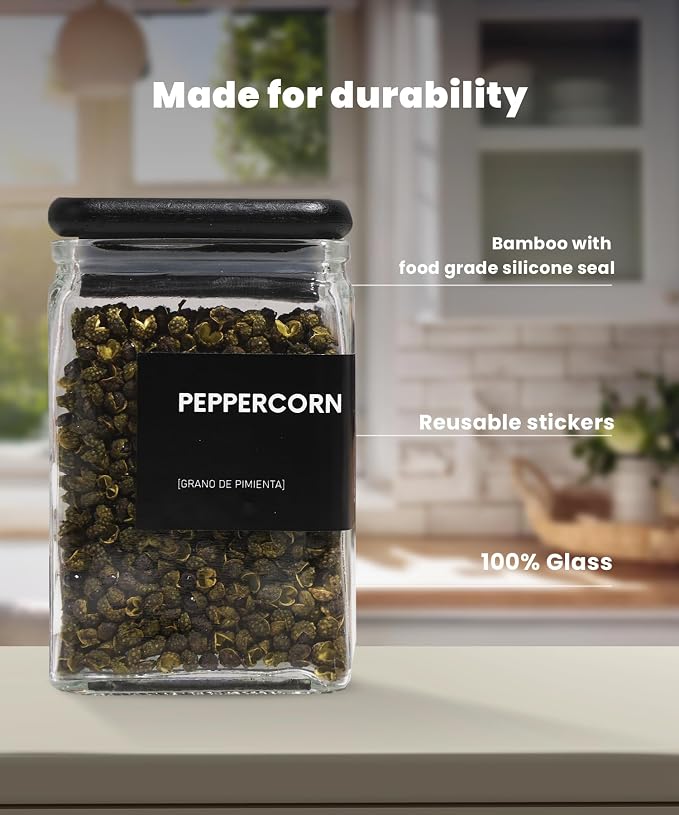 Glass Storage Jars with Bamboo Lid, glass canisters with airtight lids, Clear jars with lids for Spice, Cookie, Candy, Tea, Coffee Bean and Rice (Black, 4oz, set of 12)