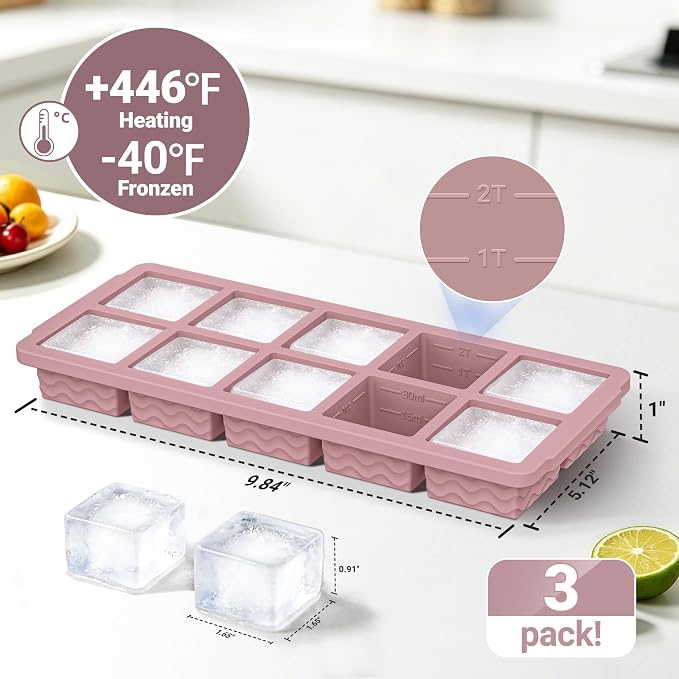 Doasuwish Ice Cube Trays with Lid, 3 Pack 10 Cubes 2 Tbsp. Silicone Ice Cube Trays for Freezer, Perfect for Freezing and Storing Ice Cubes, Chocolates, Sauces, Juices, Fruit Purees and More, BPA Free