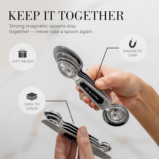 Stainless Steel Magnetic Measuring Spoons Set - 8-Piece Heavy Duty Metal, BPA-free, Stackable, Double Sided Measuring Spoons with Leveler for Dry and Liquid Ingredient - Fits in Spice Jars