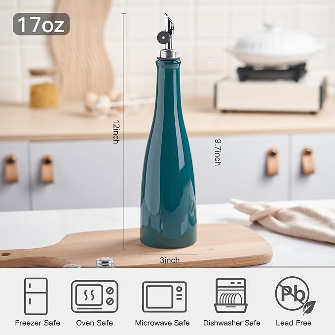 YOLIFE Olive Oil Dispenser Bottle, 17oz/500ml Ceramic Oil Bottle (Green) | Oil Dispenser with Gravity Spout, Leak Proof EVOO Dispensing Bottle with 2 Spouts and 1 Funnel for Vinegar, Kitchen