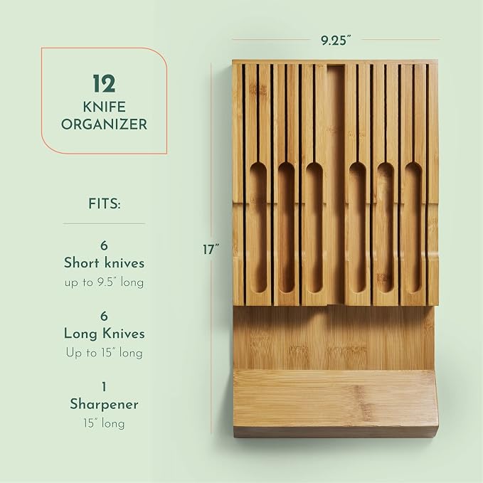 High-Grade 100% Bamboo Knife Drawer Organizer - 12 Slots Plus Sharpener, Secure, Practical, Eco-Friendly Knife Block