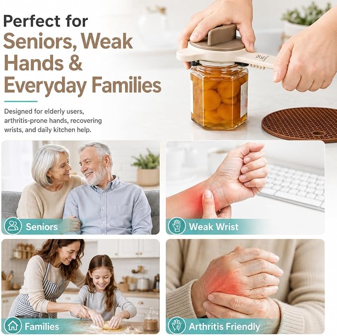 Jar Opener for Seniors with Arthritis & Weak Hands, 4-in-1 Adjustable Lid & Bottle Opener Set with Non-Slip Silicone Grip Pad & Stainless Steel Hook, Easy Twist Kitchen Gadget for Elderly (Beige)