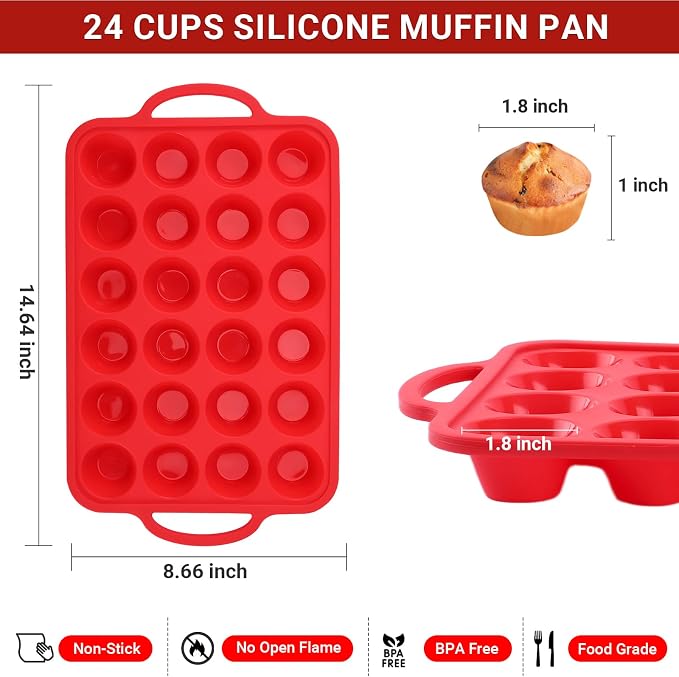 Redfly Silicone Mini Muffin Pans for Baking 24 Cup with Steel Frame Non-Stick,2Pack Small Cupcake Pan, Food Grade, Easy Release,Dishwasher Oven Freezer Microwave Safe for Muffin Tin Cake Pop Molds