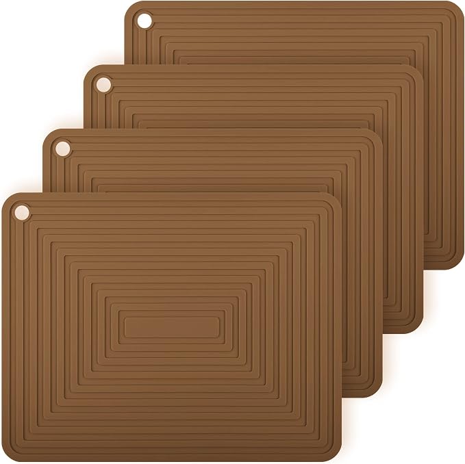 Silicone Trivets for Hot Dishes, Pots and Pans, Brown Non Slip Hot Pads for Kitchen, Silicone Heat Resistant Mat for Counter, Versatile Trivet Mat, Flexible Pot Holders Set of 4