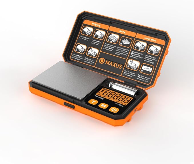 Pocket Scale, 200g x 0.01g, with 50g Calibration Weight and USB Cable | Digital Gram Scale, 6 Units, Backlit LCD, Stainless Steel Platform, Rubber Edges, for Jewelry, Coins, Powders, Food or Gems