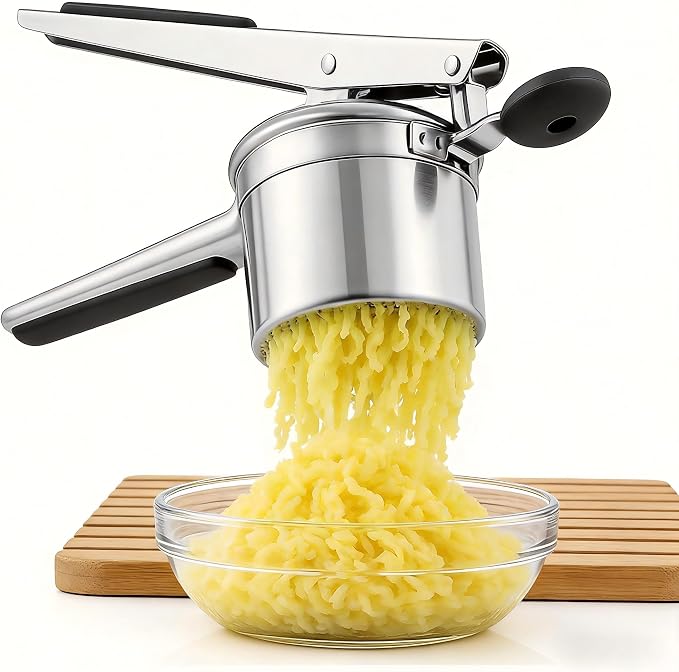 Heavy Duty Stainless Steel Potatoes Ricer and Potato Smasher - Professional Grade Kitchen Tool for Mashing Potatoes, Vegetables & Fruits - Large Capacity Press with Ergonomic Soft Grip Handles