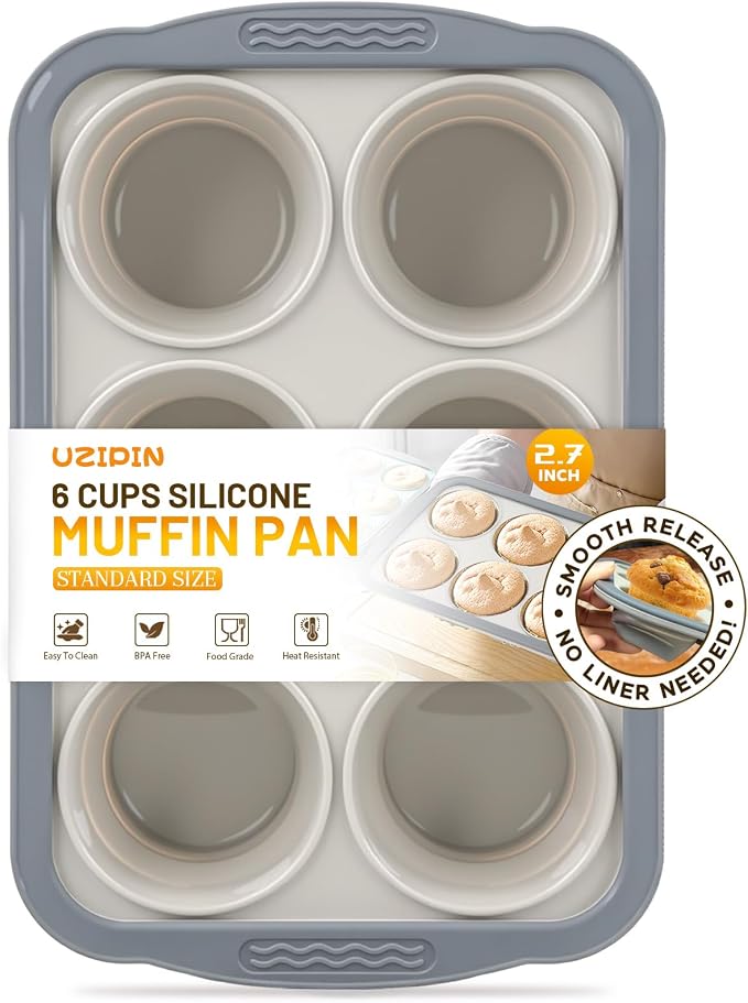 Silicone Muffin Pan, 6 Cups Non-Stick Cupcake Pan, Food-Grade BPA-Free Muffin Tin, Oven-Safe 450 °F, Reinforced Steel Frame, Easy-Grab Handles, Quick-Release 2.7" Baking Molds for Mini Treats
