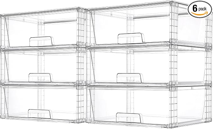 Vtopmart 6 Pack Large Clear Stackable Storage Drawers for Closet, Pantry | Easily Assemble Bathroom Closet Undersink Organizers,Plastic Bins for Cabinet,Kitchen Pantry,Medicine Organization