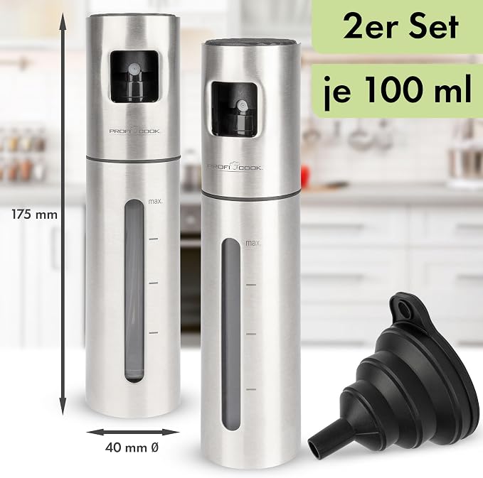 ProfiCook® Vinegar and oil sprayer, spray bottle for vinegar, oil, water, soy sauce and much more, oil sprayer ideal for fitness and diet, 100 ml, oil spray bottle with scale and silicone funnel, set