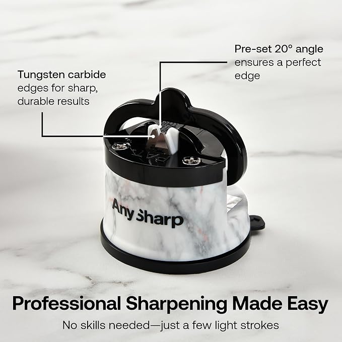 AnySharp – Editions – Hands Free Knife Sharpener - Easy to Use Sharpening Tool w/PowerGrip Suction Base and 20-Degree Pre-Set Angle - for All Knives: Chef's, Serrated, Hardened Steel - White Marble