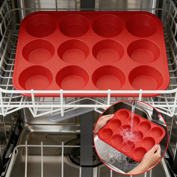 2Pack Silicone Muffin Pans with Metal Reinforced Frame,12 Cup Regular Size Silicone Cupcake Pan,Muffin Tin,Nonstick Cupcake Baking Molds for Muffins,Cupcakes,Egg Bites,BPA Free (2Pack Red)