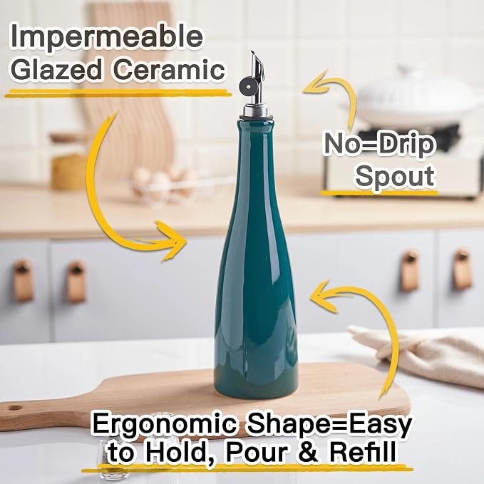 YOLIFE Olive Oil Dispenser Bottle, 15oz Ceramic Oil Dispenser for Kitchen | Oil Bottle with Gravity Spout, Leak Proof EVOO Dispensing Bottle with 2 Spouts and 1 Funnel for Vinegar, Juice(Green)