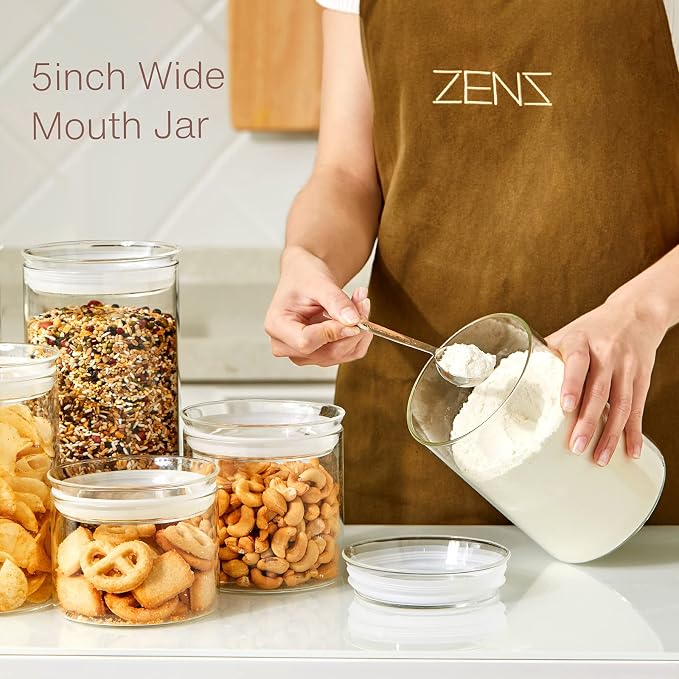 ZENS 74oz Glass Canisters with Airtight Lid, 2 Large Storage Containers | Thick Borosilicate Glass Jars with Airtight Lid, Wide Mouth Food Storage Jars for Kithen Pantry Baking Flour, Rice
