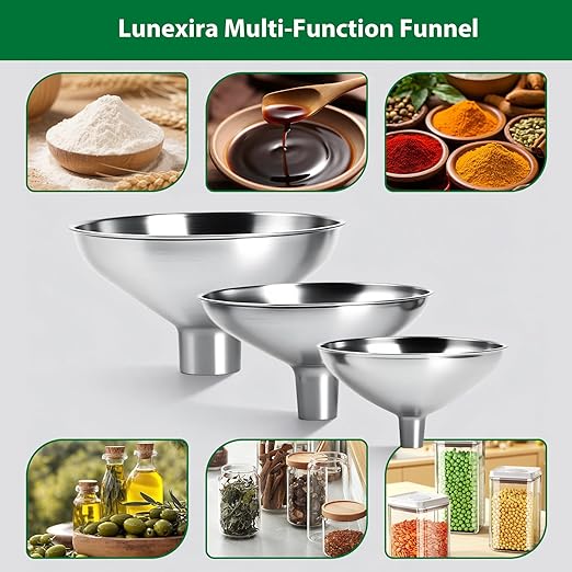 3-Piece Stainless Steel Kitchen Funnel Set, Includes 3 Sizes for transferring seasonings, Oils, Liquids, Dry Goods and Powders. Durable and Reusable, with Easy Cleaning.